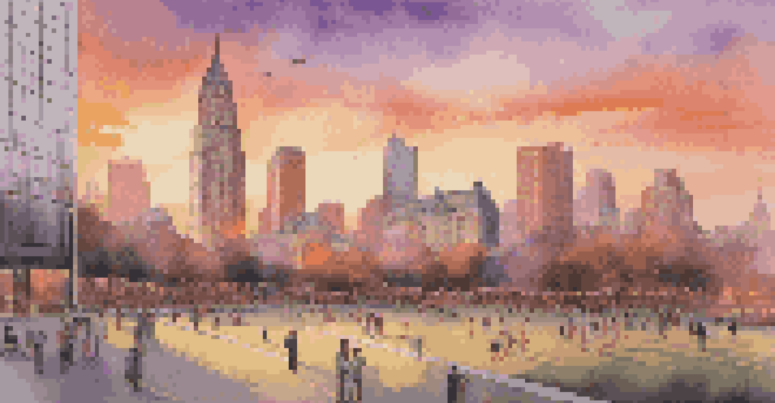 A city skyline at sunset with modern and historic buildings, colorful sky, and a park filled with people.
