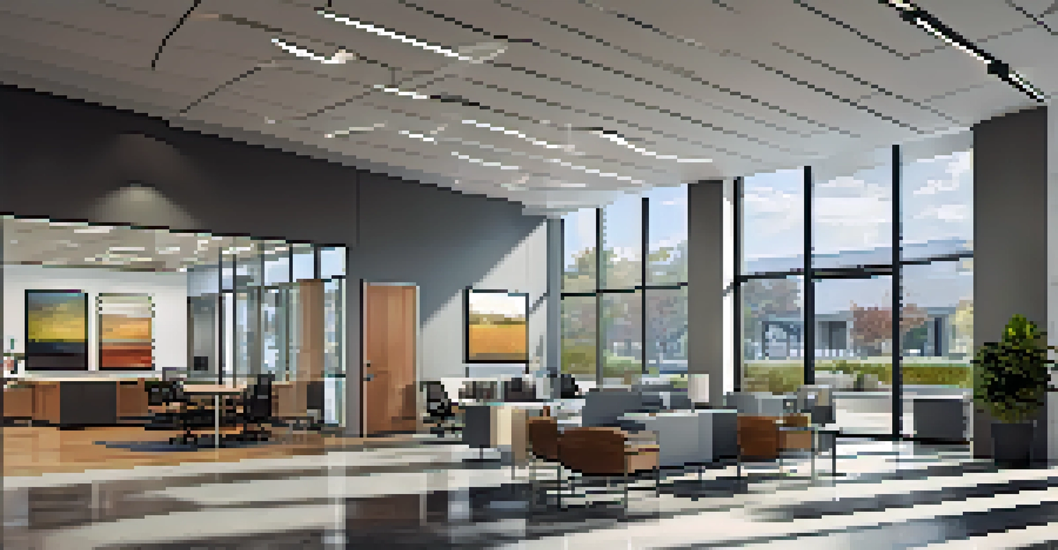 A modern real estate office with large windows, stylish furniture, and zoning charts on the walls.