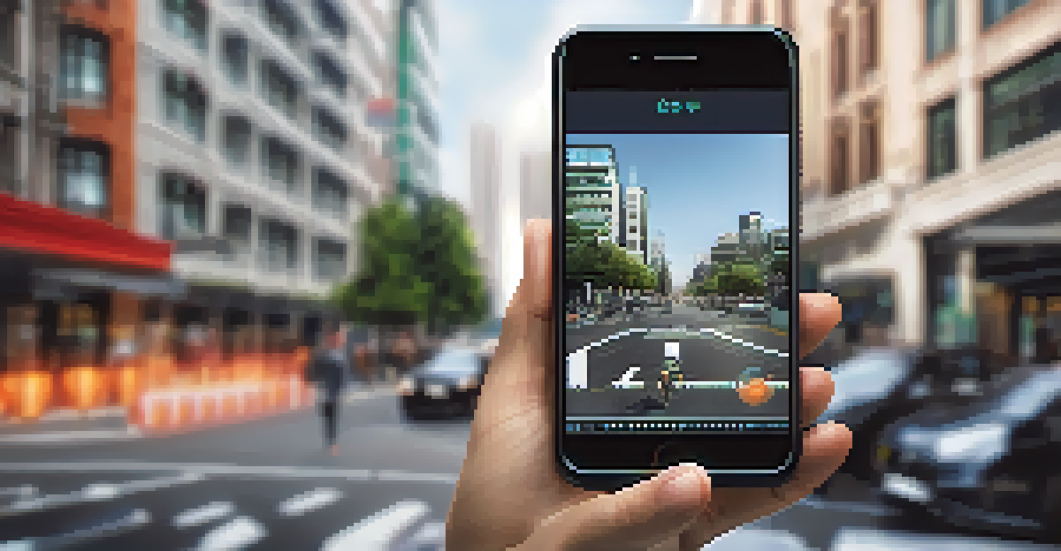 A close-up view of a smart air quality sensor in a city street, with a digital display and blurred pedestrians in the background.
