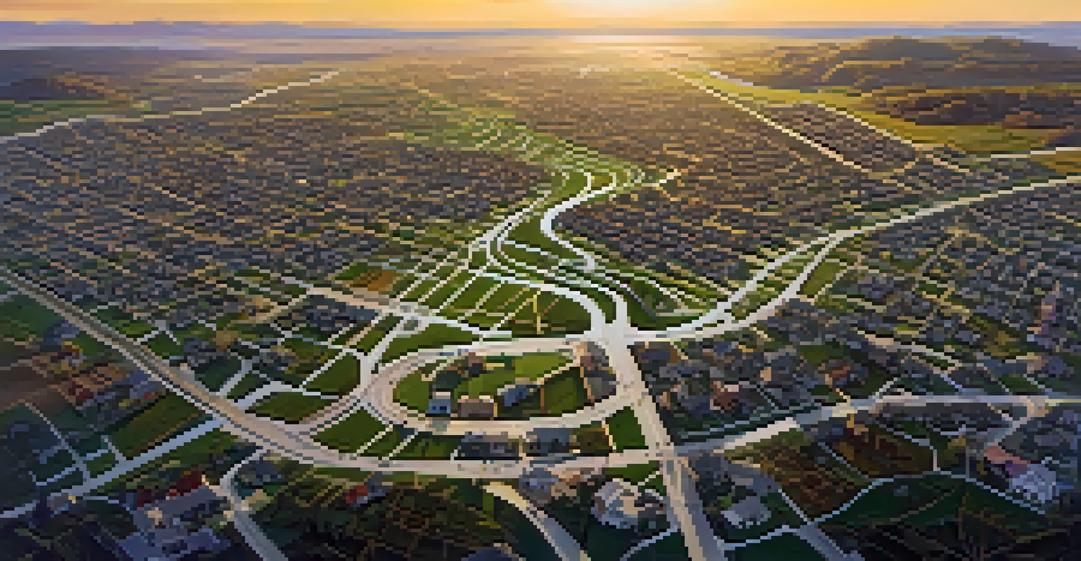 Aerial view showing the contrast between urban sprawl and rural landscapes at sunset.