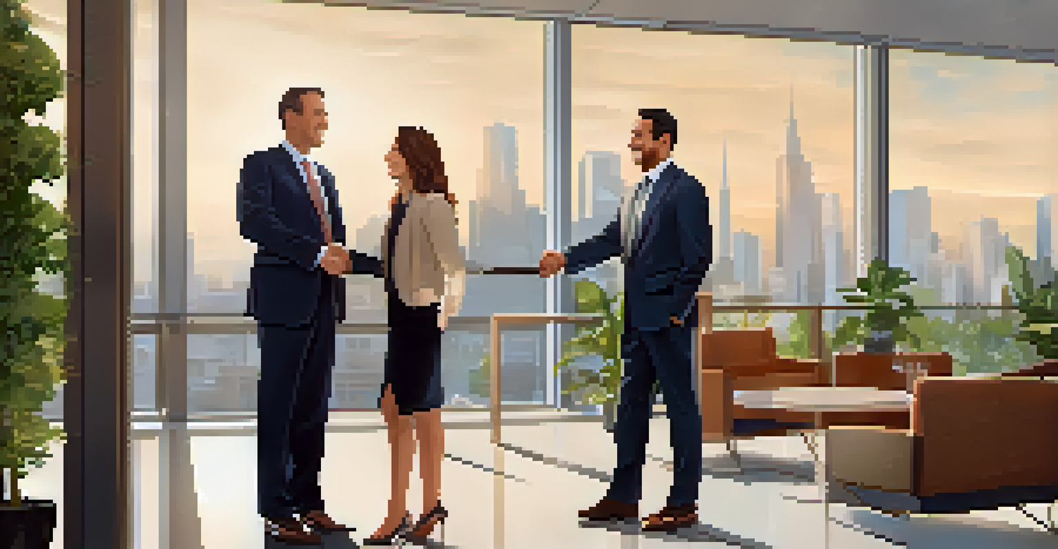 A landlord and tenant shaking hands in a modern office, with a city view in the background, symbolizing a positive relationship.