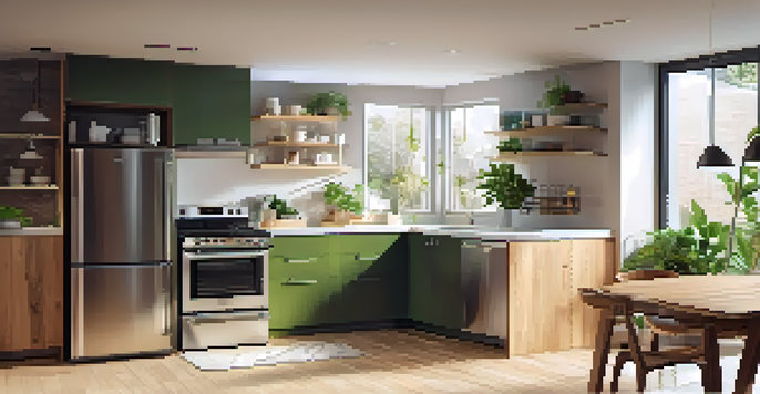 A modern kitchen with energy-efficient appliances, including a stainless steel refrigerator and a washing machine, bathed in natural light with wooden cabinets and a green plant.