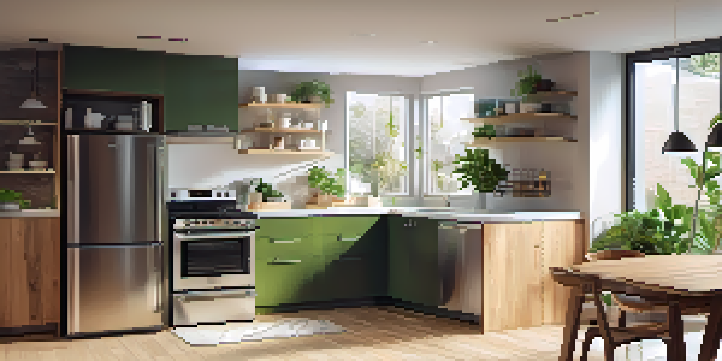 A modern kitchen with energy-efficient appliances, including a stainless steel refrigerator and a washing machine, bathed in natural light with wooden cabinets and a green plant.