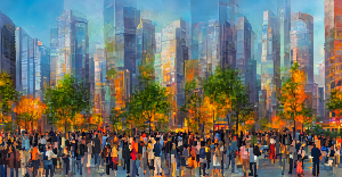 A colorful urban skyline at sunset with people walking on a lively street.