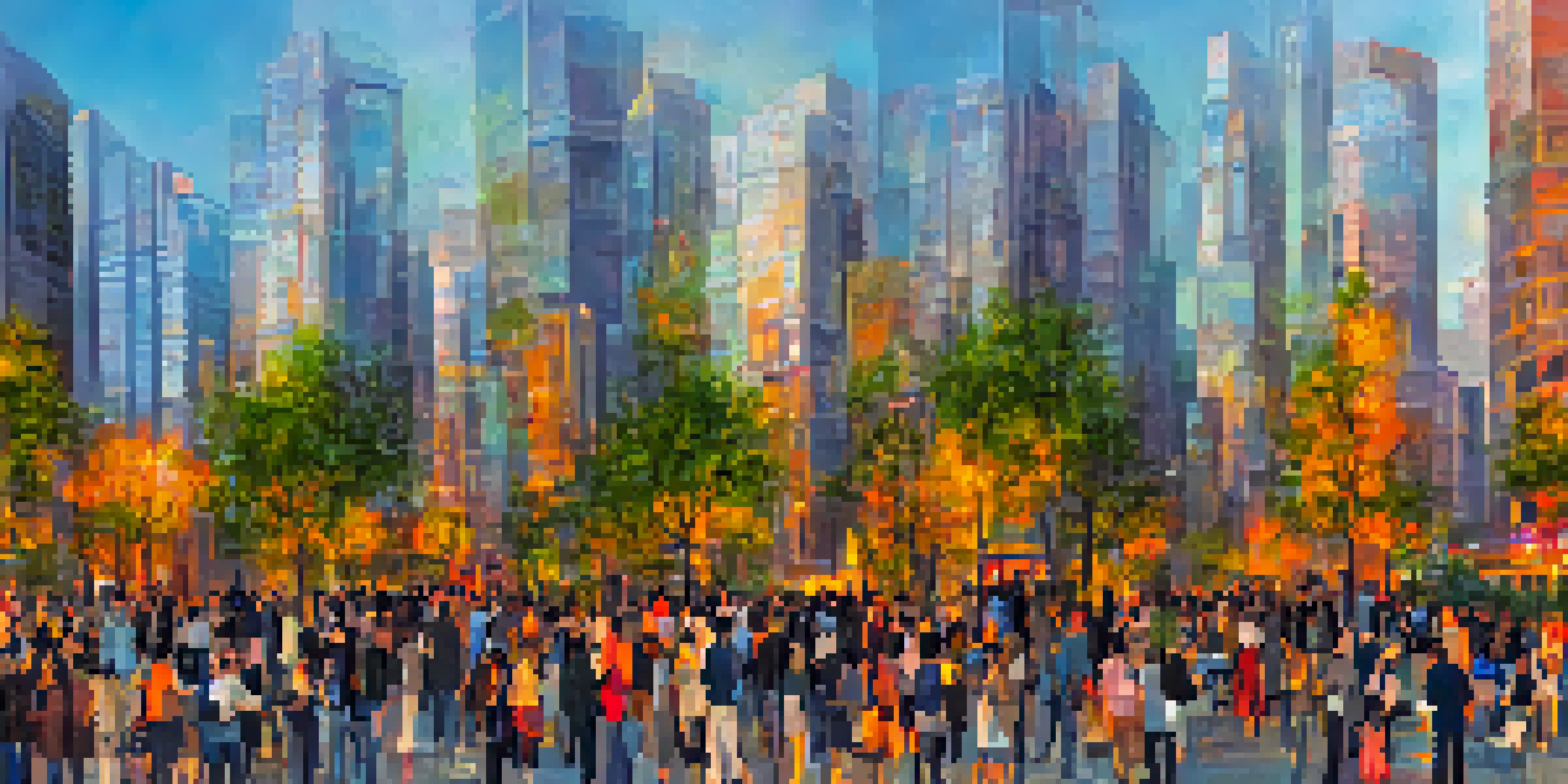 A colorful urban skyline at sunset with people walking on a lively street.