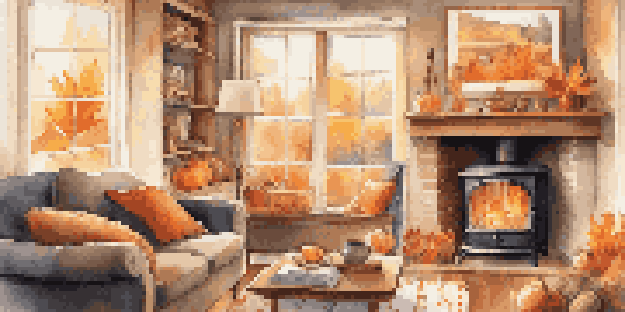 A cozy living room with a fireplace, autumn leaves outside, and a cup of tea on a table.