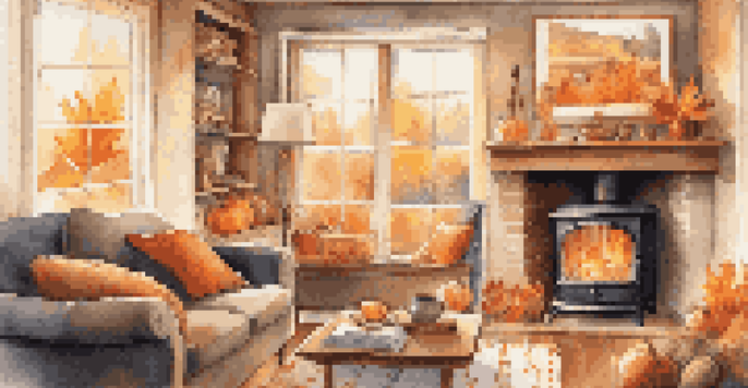 A cozy living room with a fireplace, autumn leaves outside, and a cup of tea on a table.