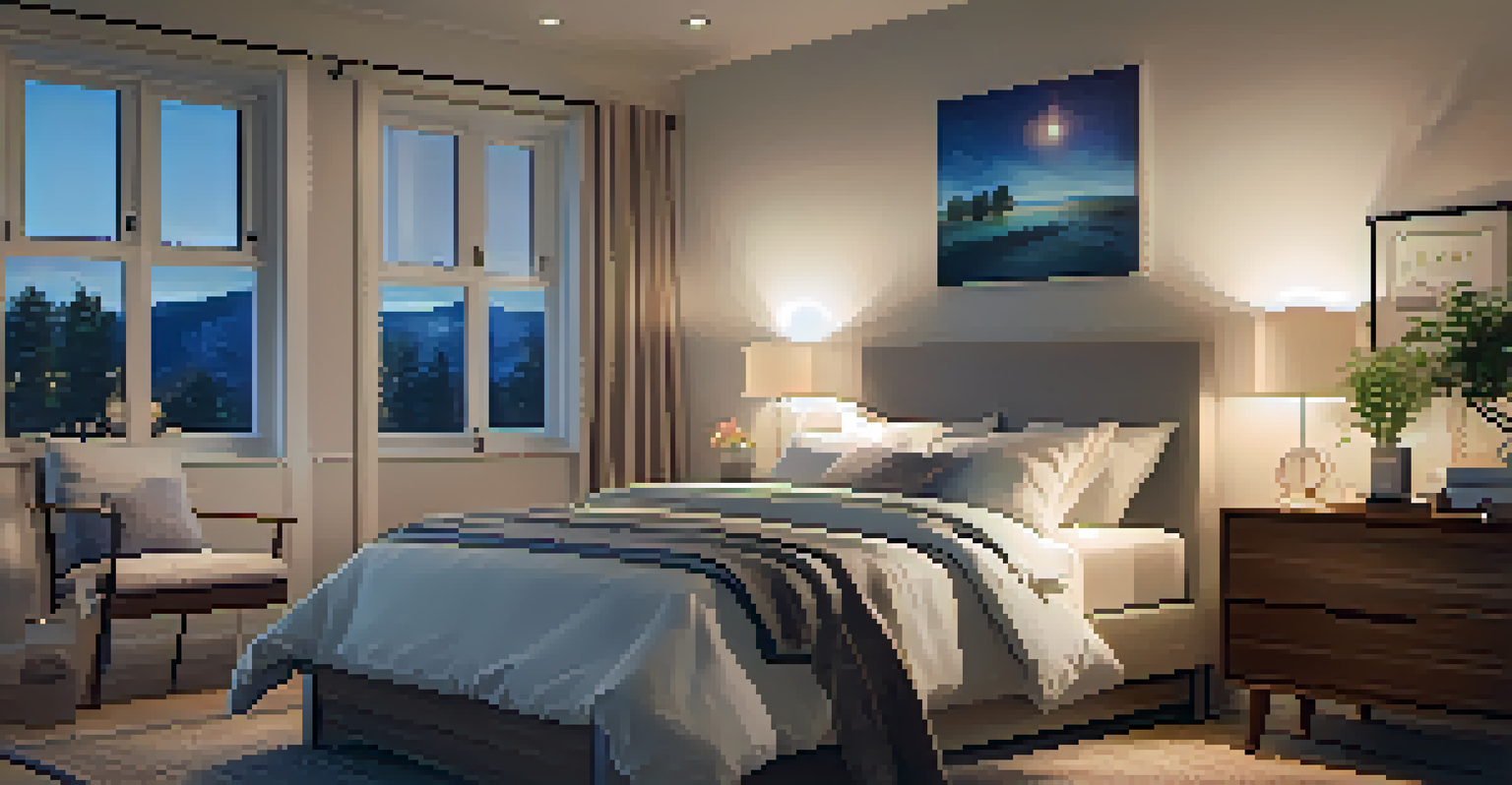 A cozy bedroom with soft lighting and smart devices, featuring a view of the evening sky through the window.