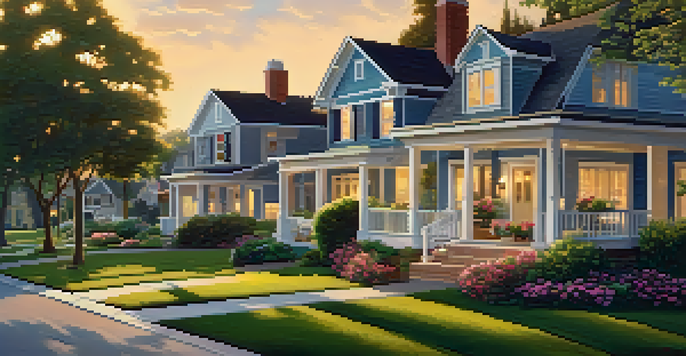 A peaceful suburban neighborhood with houses, green lawns, and a sunset. A 'For Sale' sign is in front of a home where a family is talking.