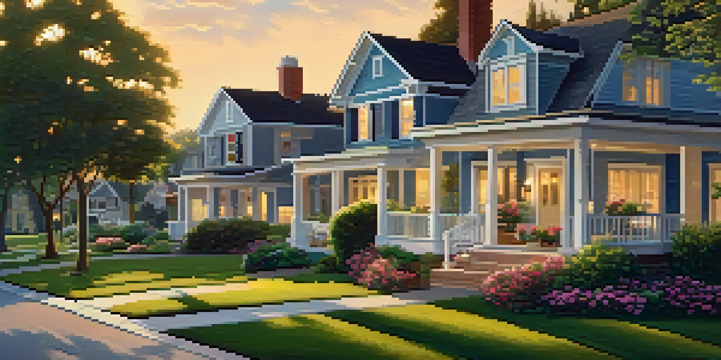 A peaceful suburban neighborhood with houses, green lawns, and a sunset. A 'For Sale' sign is in front of a home where a family is talking.