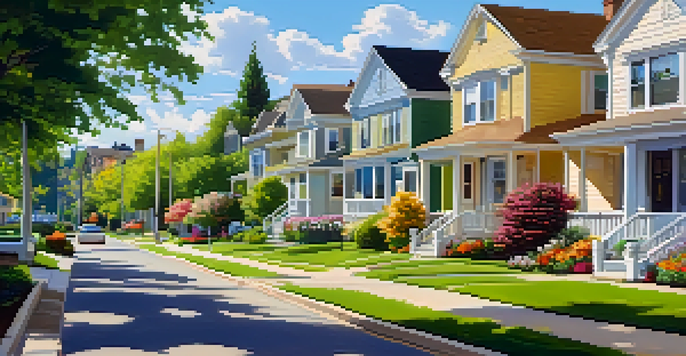 A peaceful residential area with green lawns and colorful flowers, showing a variety of homes under a clear sky.