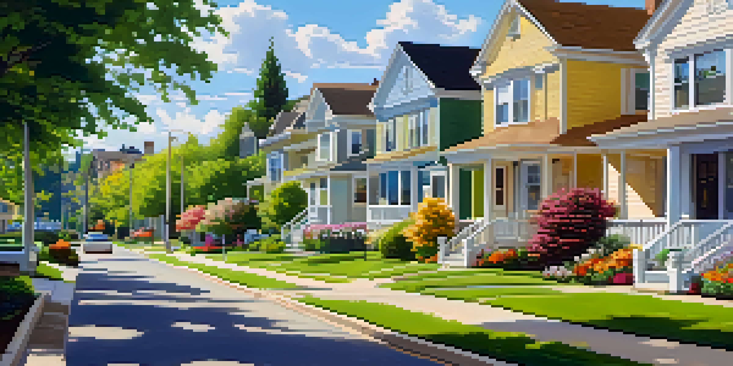 A peaceful residential area with green lawns and colorful flowers, showing a variety of homes under a clear sky.