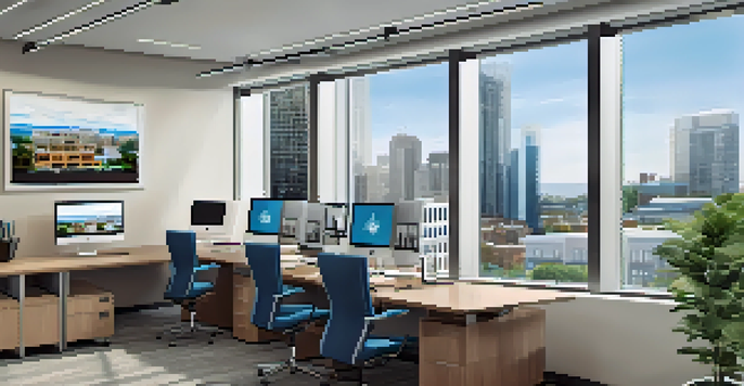 A bright and modern real estate office interior with a desk, computer, and large windows, decorated with motivational quotes and a display of interest rates.