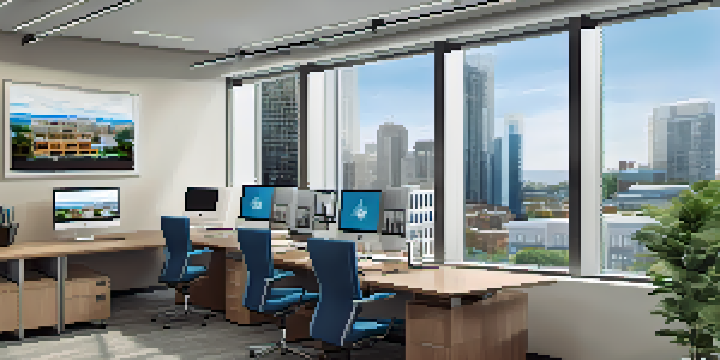 A bright and modern real estate office interior with a desk, computer, and large windows, decorated with motivational quotes and a display of interest rates.