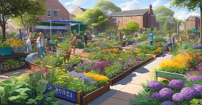 A community garden with diverse plants and eco-friendly signage under warm sunlight.