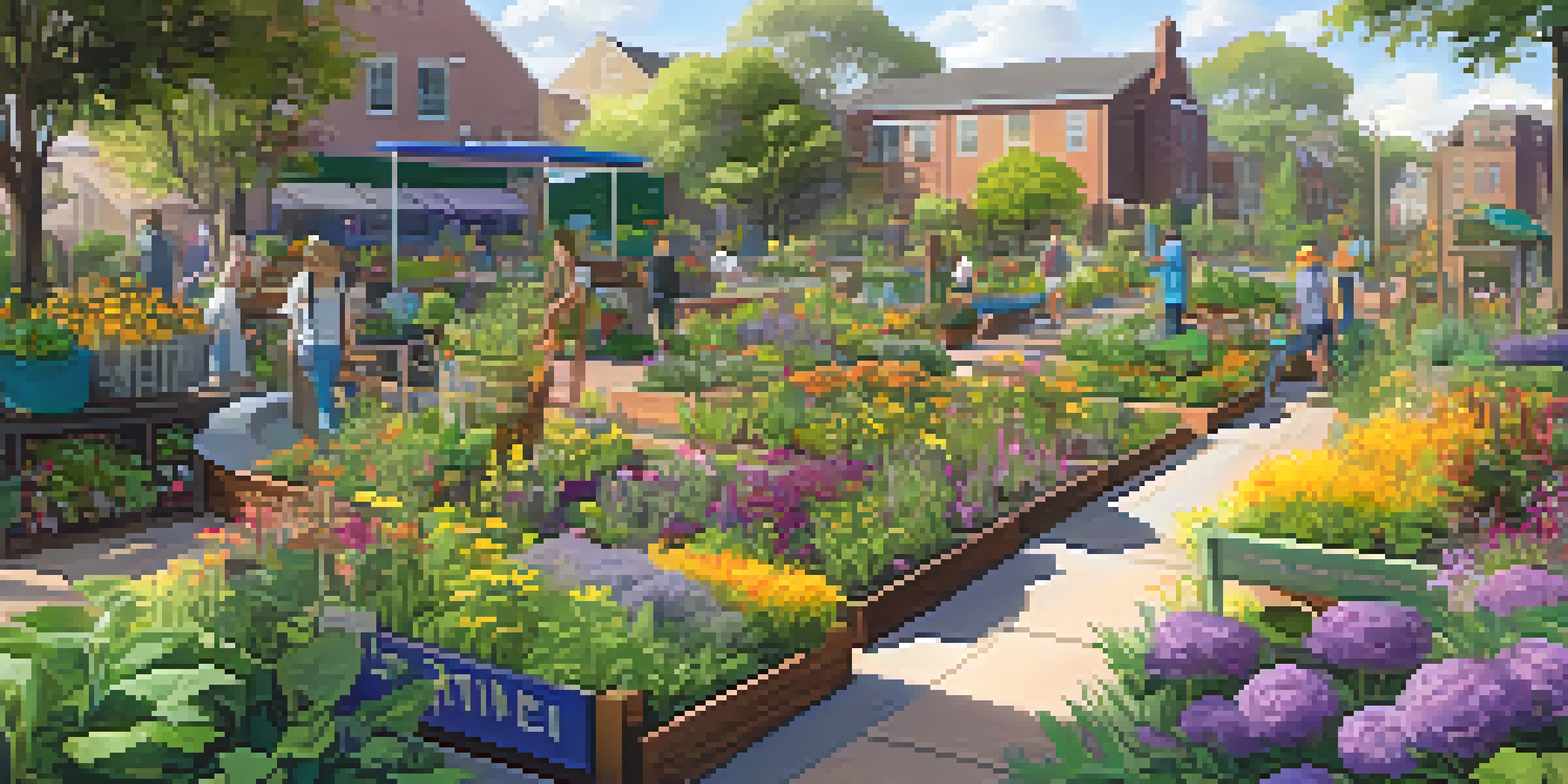A community garden with diverse plants and eco-friendly signage under warm sunlight.
