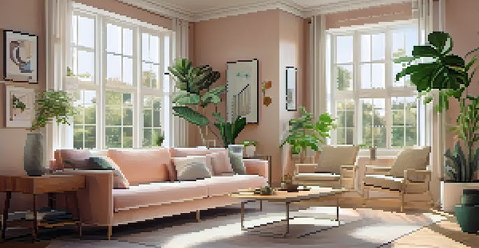 A spacious living room filled with natural light from energy-efficient windows, decorated with plants and modern furniture.