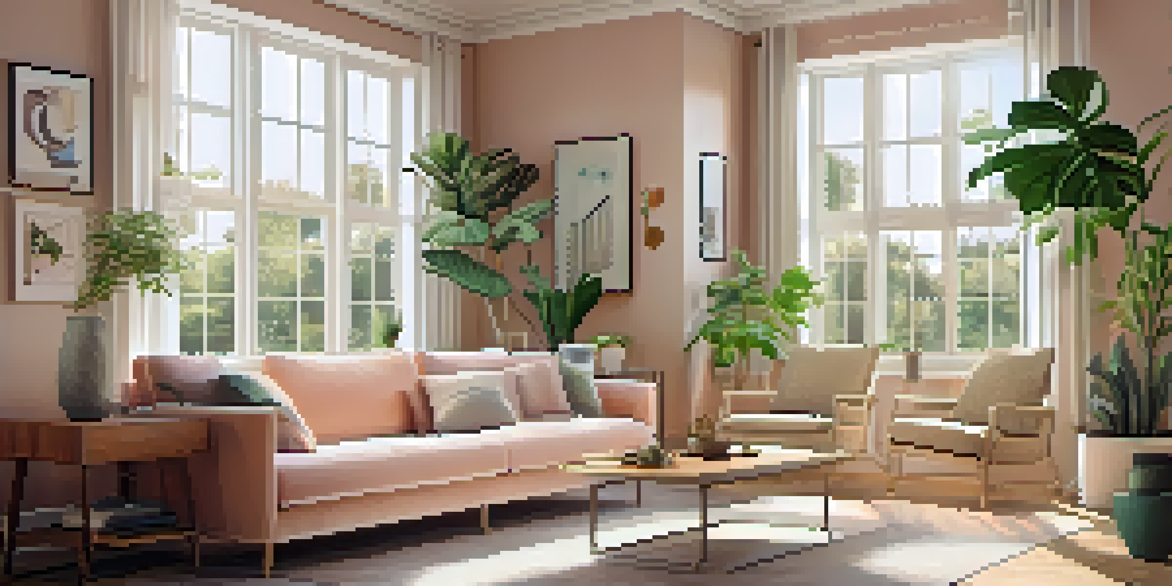 A spacious living room filled with natural light from energy-efficient windows, decorated with plants and modern furniture.
