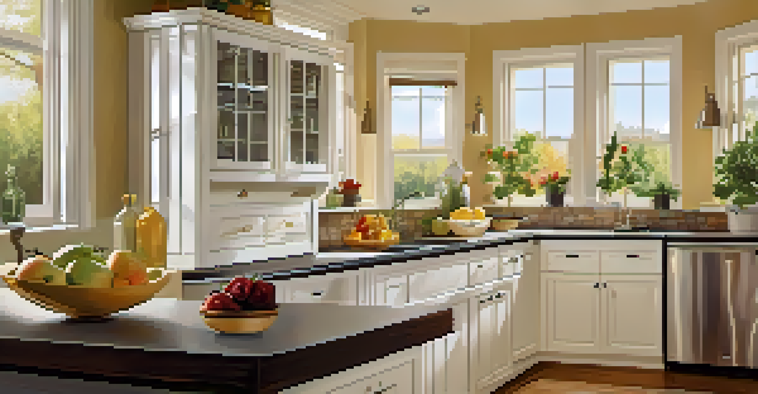A clean kitchen with shiny countertops, organized utensils, and fresh fruits on the counter.