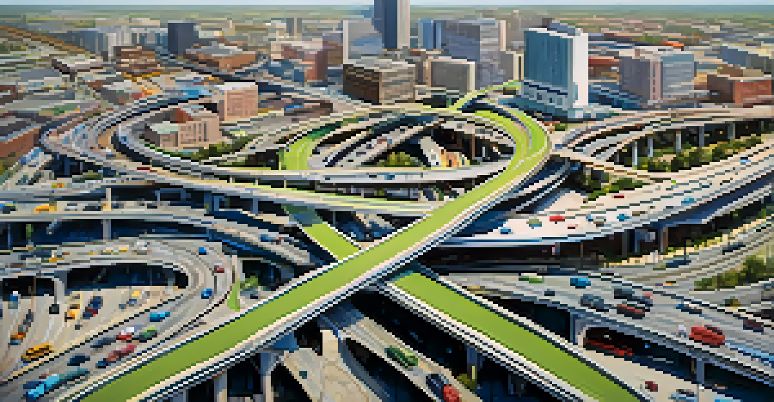 An aerial view of a busy highway interchange with traffic and nearby commercial buildings, highlighting the impact of highway access on development.