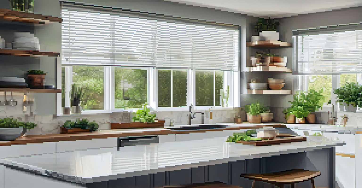 A modern kitchen with sleek faux wood blinds, bright sunlight, and stylish decor.