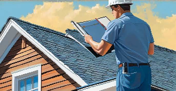 A home inspector checking the roof of a house with a clipboard, under a clear blue sky.