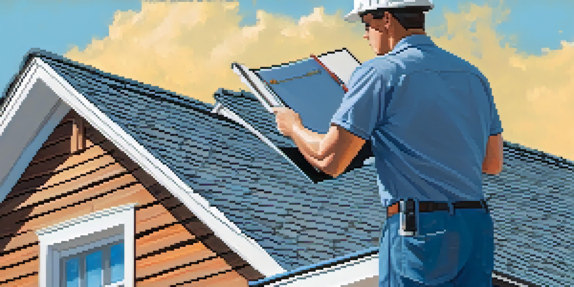 A home inspector checking the roof of a house with a clipboard, under a clear blue sky.
