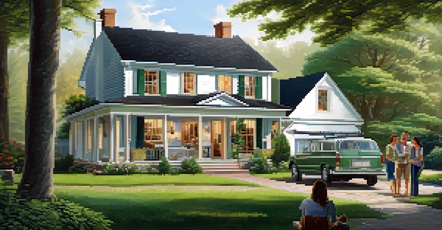 A family discussing renovation plans in front of a charming older house surrounded by greenery.