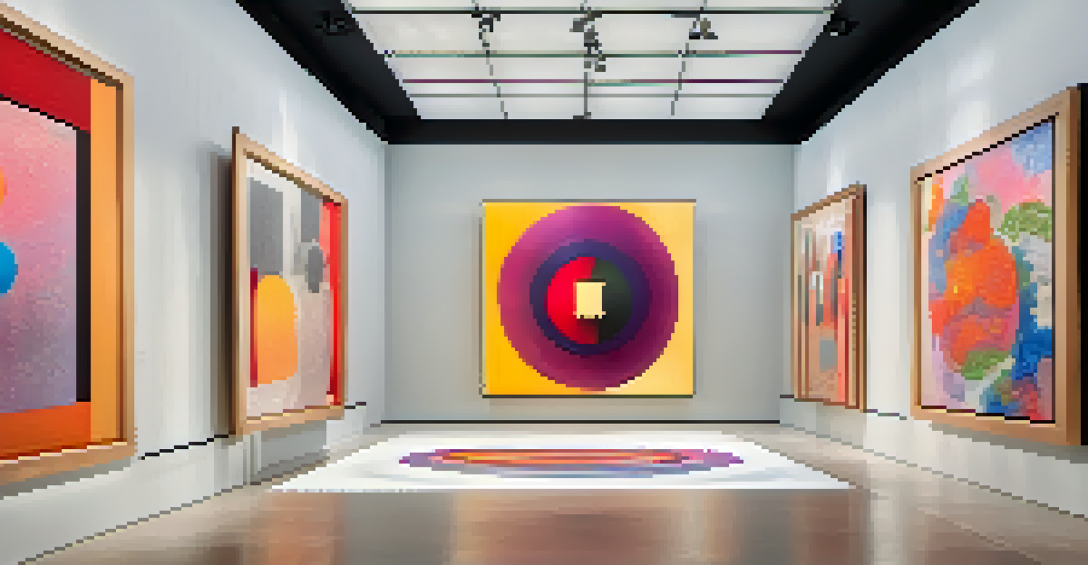 An interactive virtual tour interface of a modern art gallery with colorful artworks and hotspots.