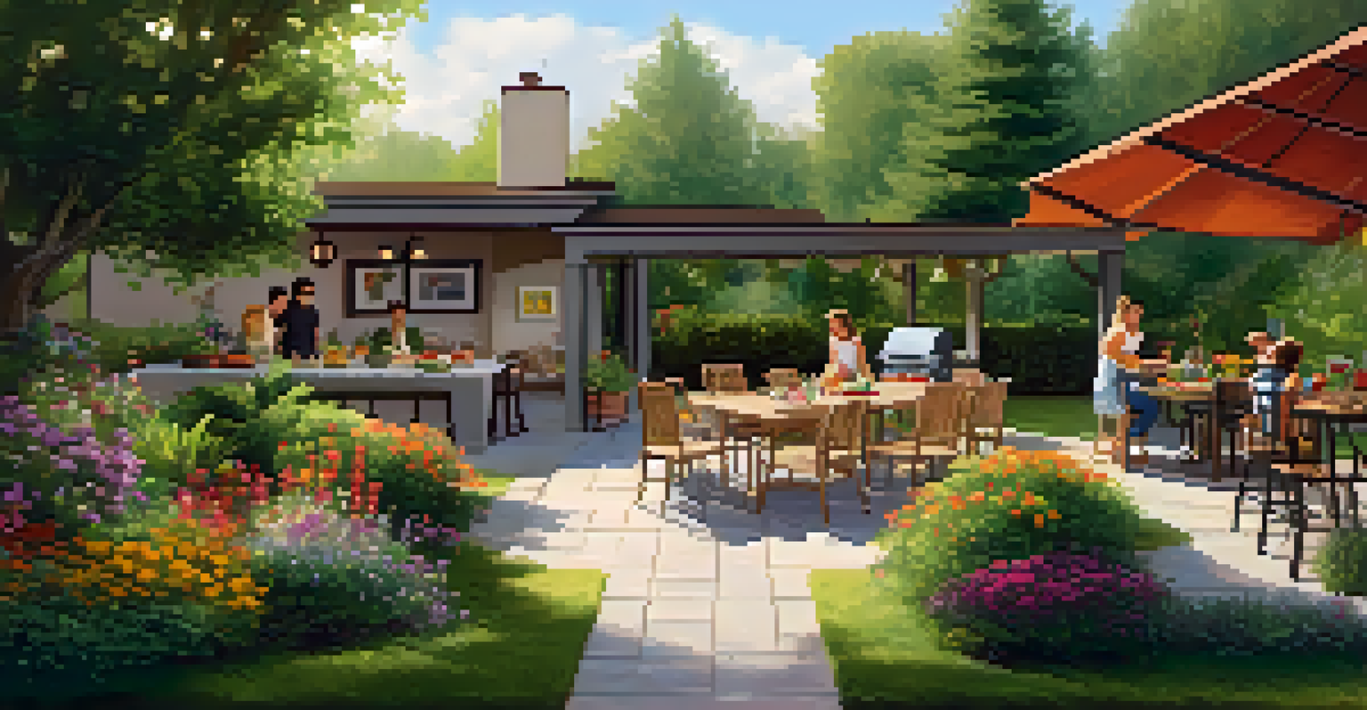 A vibrant outdoor patio filled with family members enjoying a meal together, surrounded by nature.