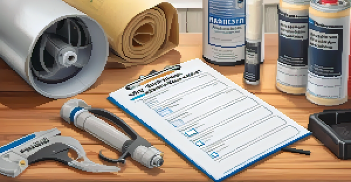 A home maintenance checklist with tools like caulk and HVAC filters on a wooden table, emphasizing home upkeep.