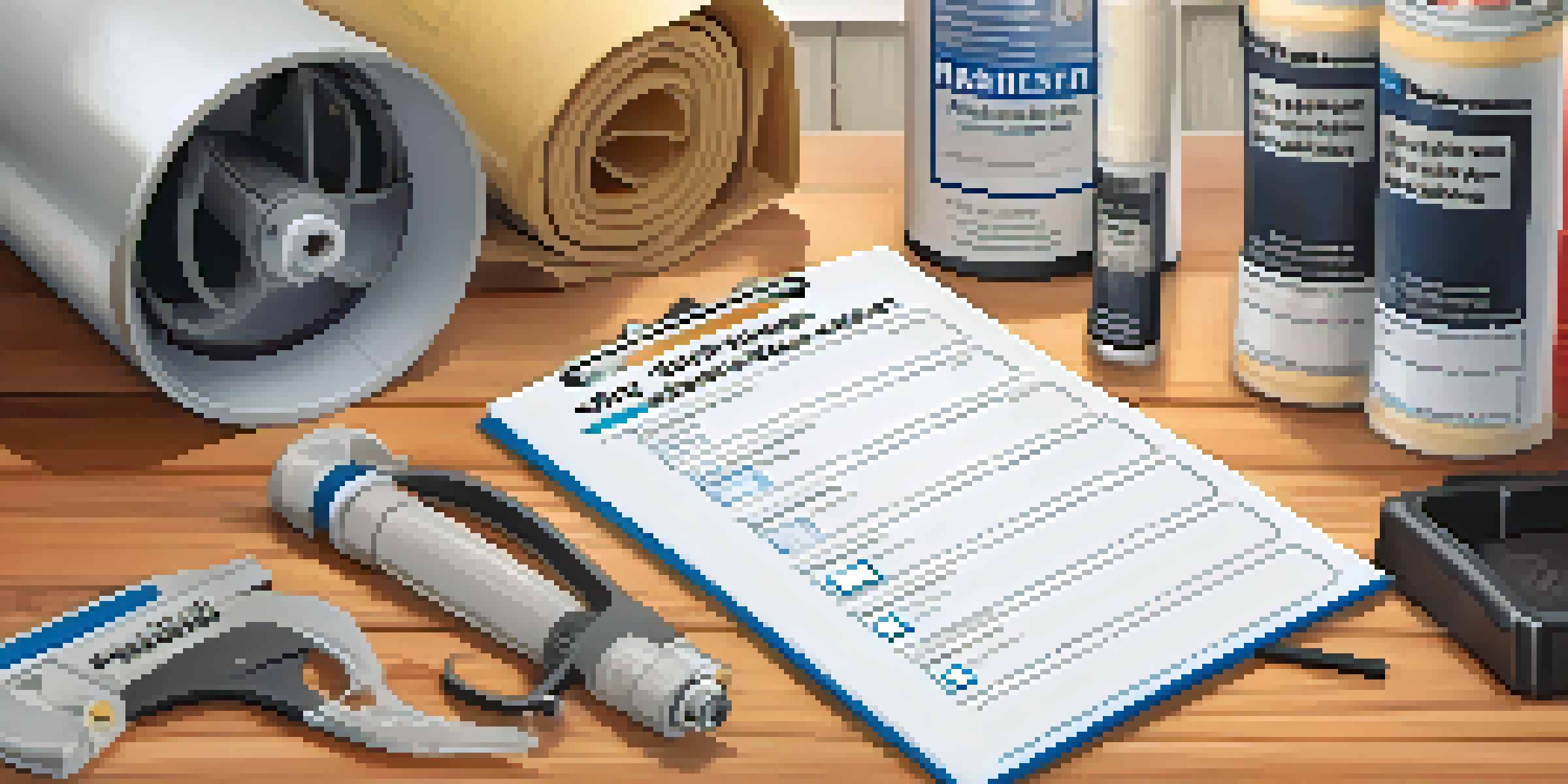 A home maintenance checklist with tools like caulk and HVAC filters on a wooden table, emphasizing home upkeep.