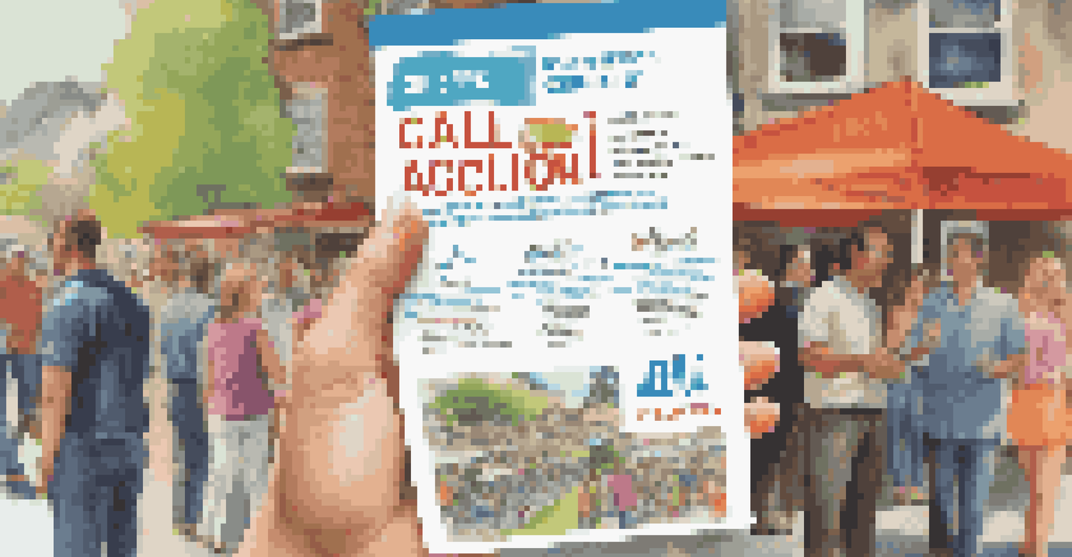 A person holding a real estate flyer at a busy community event, with a colorful design and a call to action visible, while people are socializing in the background.