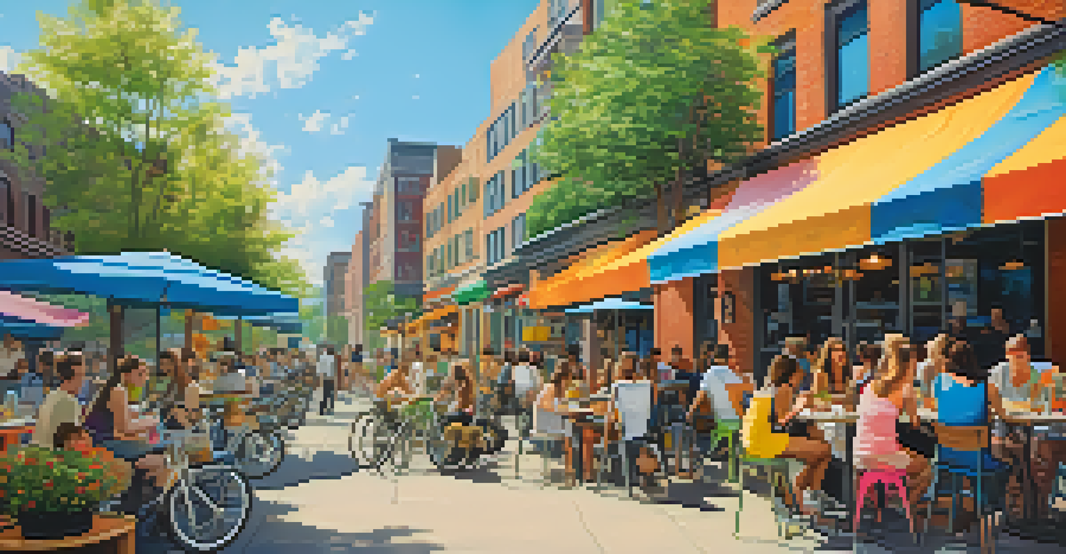 A lively urban cafe filled with millennials, colorful murals, and bicycles, with modern apartments in the background.