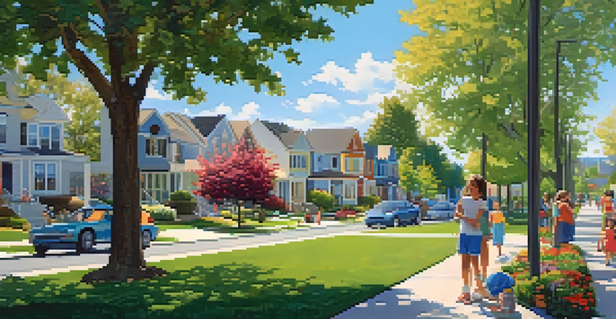 A sunny suburban neighborhood with children playing and families enjoying a park.
