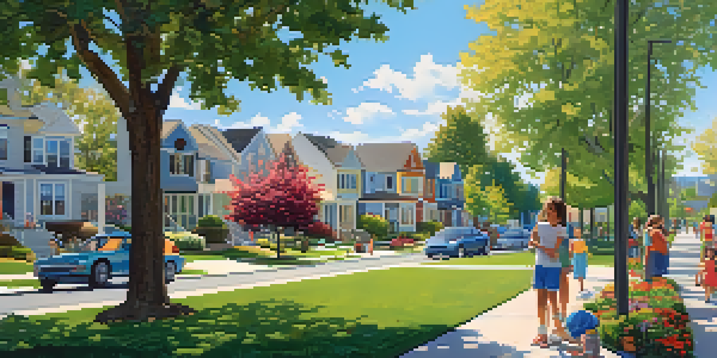 A sunny suburban neighborhood with children playing and families enjoying a park.