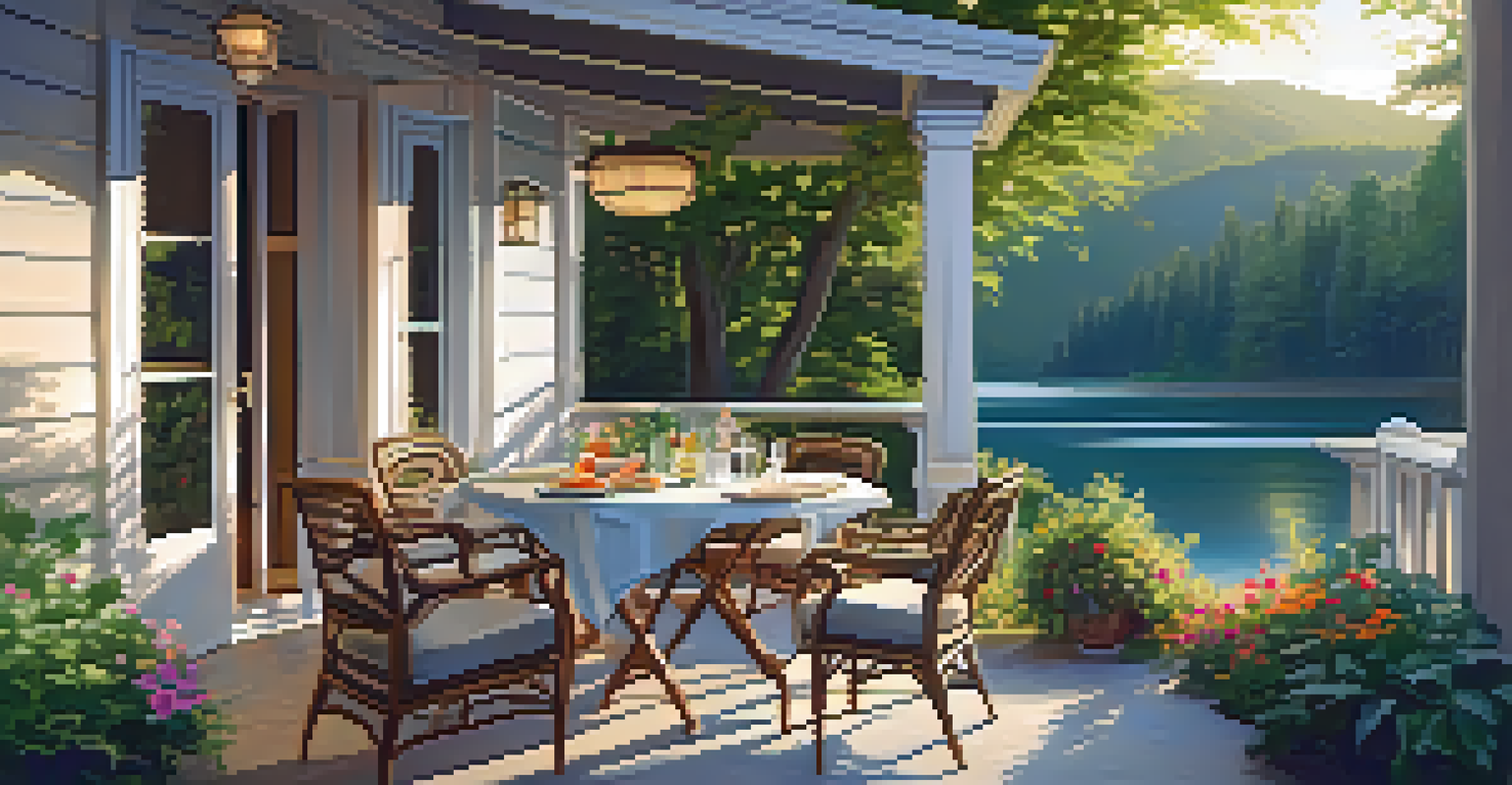 A beautiful outdoor patio with a dining setup, surrounded by flowers and greenery, illuminated by warm golden hour sunlight.