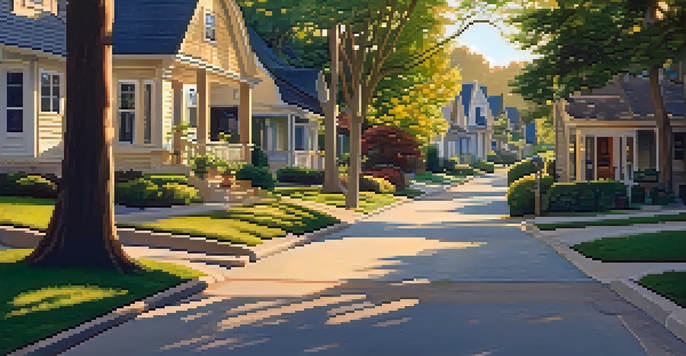 A peaceful neighborhood street with beautiful homes and lush gardens illuminated by golden hour sunlight.