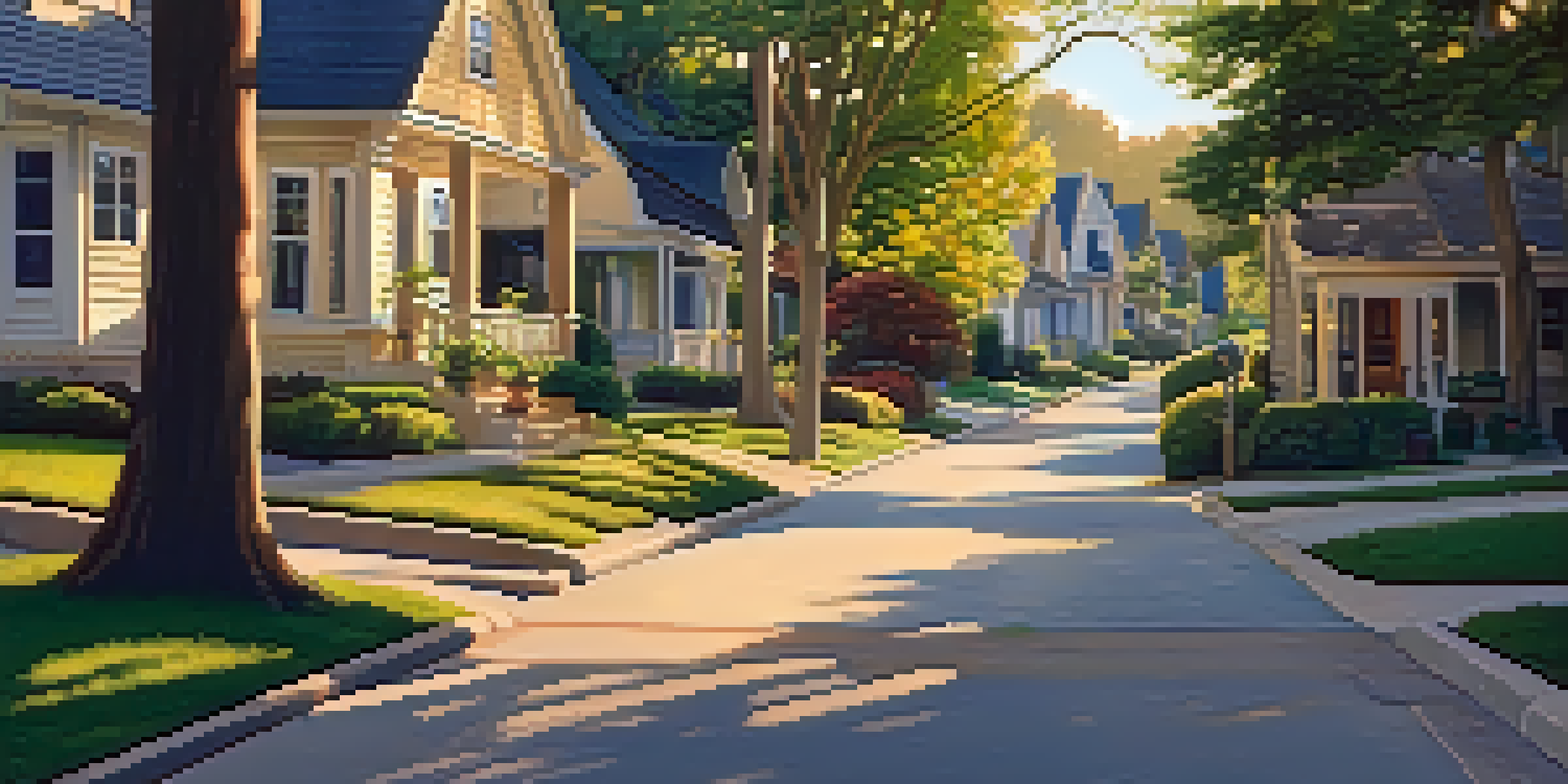 A peaceful neighborhood street with beautiful homes and lush gardens illuminated by golden hour sunlight.