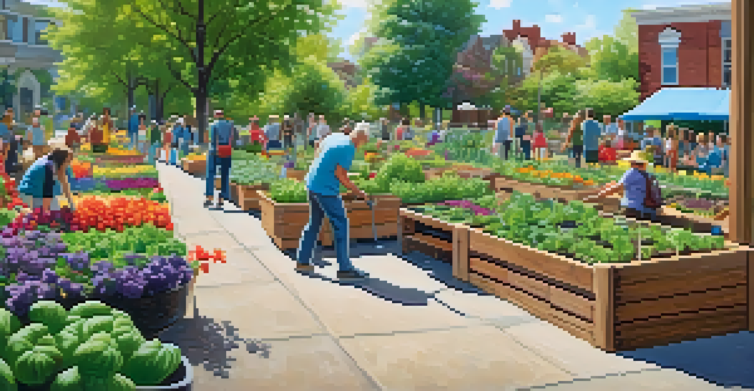 A lively community garden with people gardening and a couple sitting on a bench enjoying the sun.