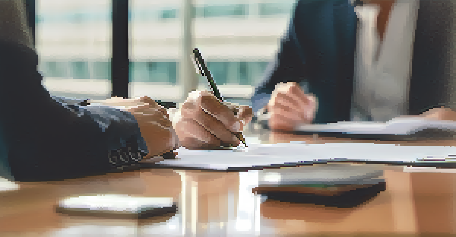 Close-up of hands writing notes on a notepad in a bright conference room during a meeting.