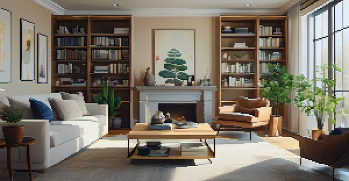 A modern living room with a comfortable sofa, wooden coffee table, and plants, illuminated by warm sunlight from a large window.