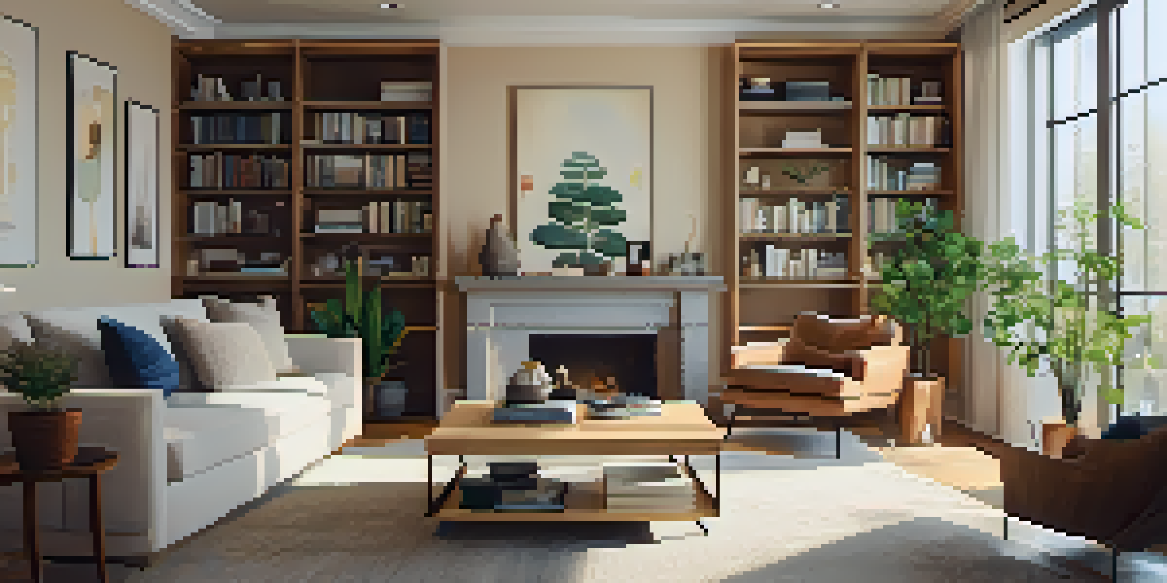 A modern living room with a comfortable sofa, wooden coffee table, and plants, illuminated by warm sunlight from a large window.