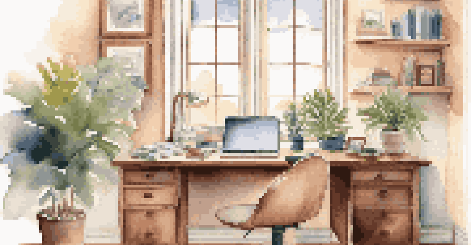 A cozy home office for a real estate investor, with a desk, laptop, financial documents, and a view of a tranquil neighborhood.