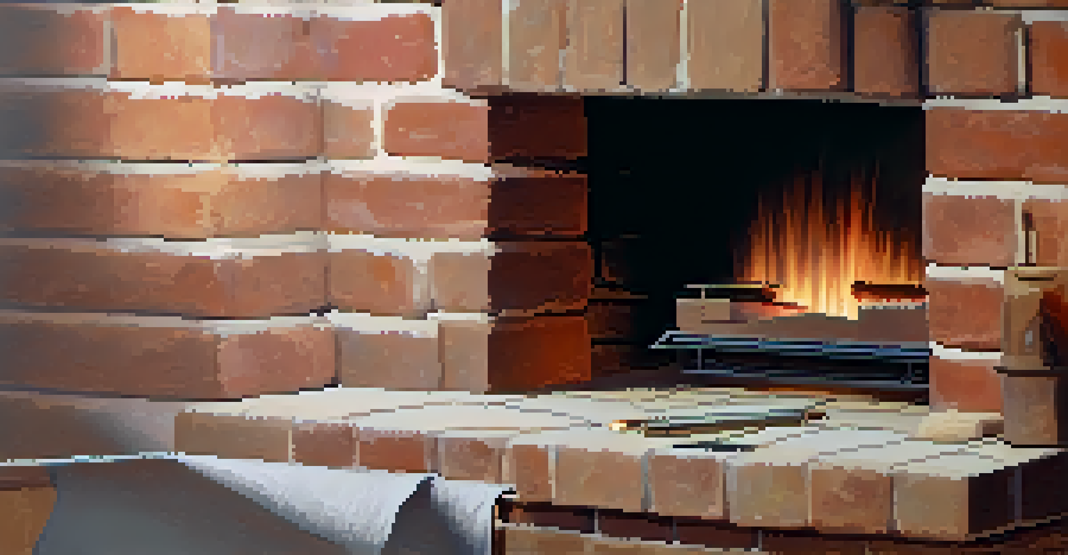 A close-up of a person inspecting a fireplace chimney for damage, with a clean fireplace in the background.