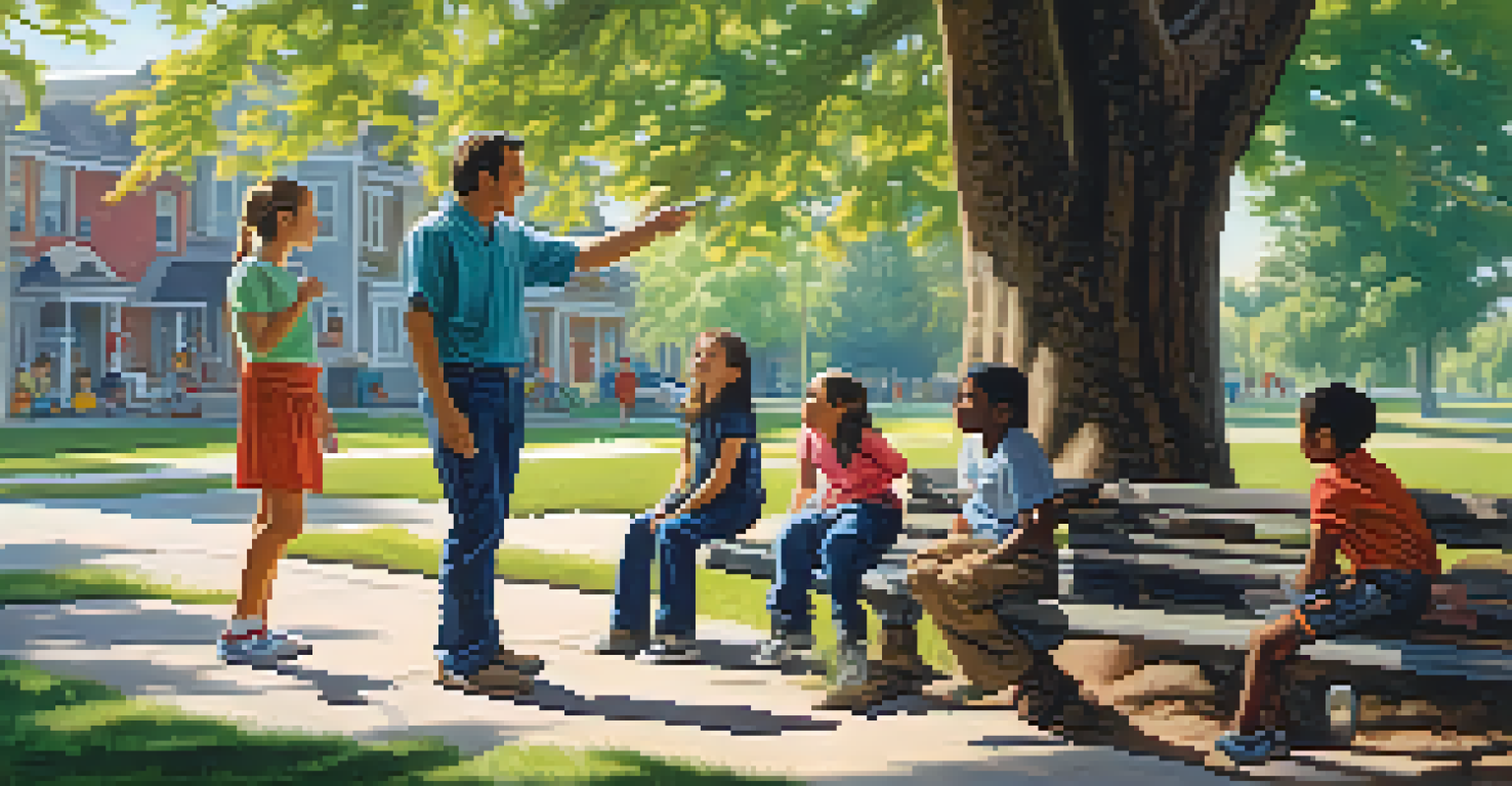A family outdoors practicing their emergency escape plan with a mother pointing to a meeting point while children listen.