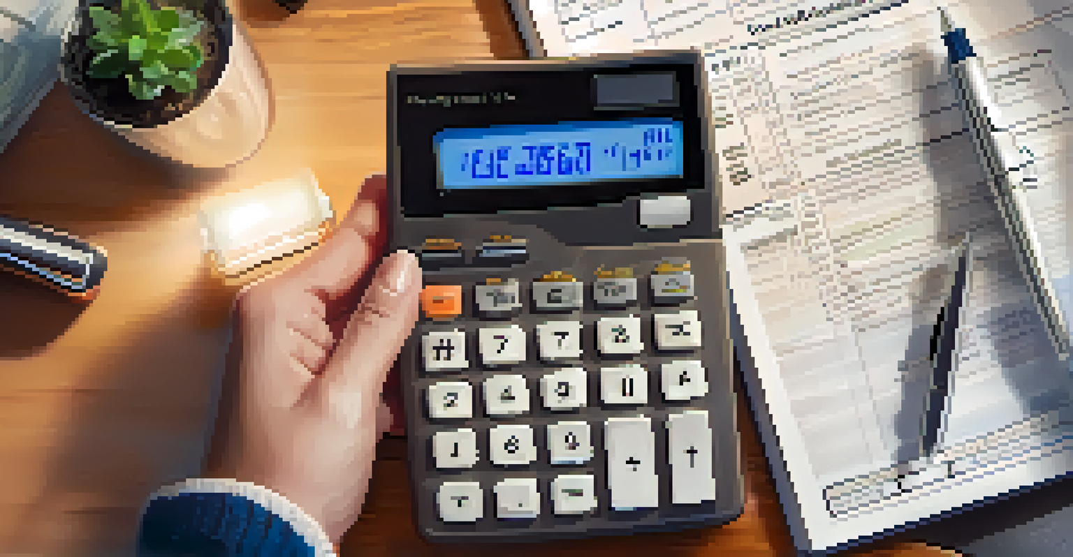 A hand holding a calculator and pen over a notepad with property tax notes.