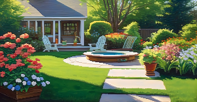 A peaceful backyard with a green lawn, blooming flowers, a wooden deck, and a birdbath, all illuminated by the warm afternoon sunlight.
