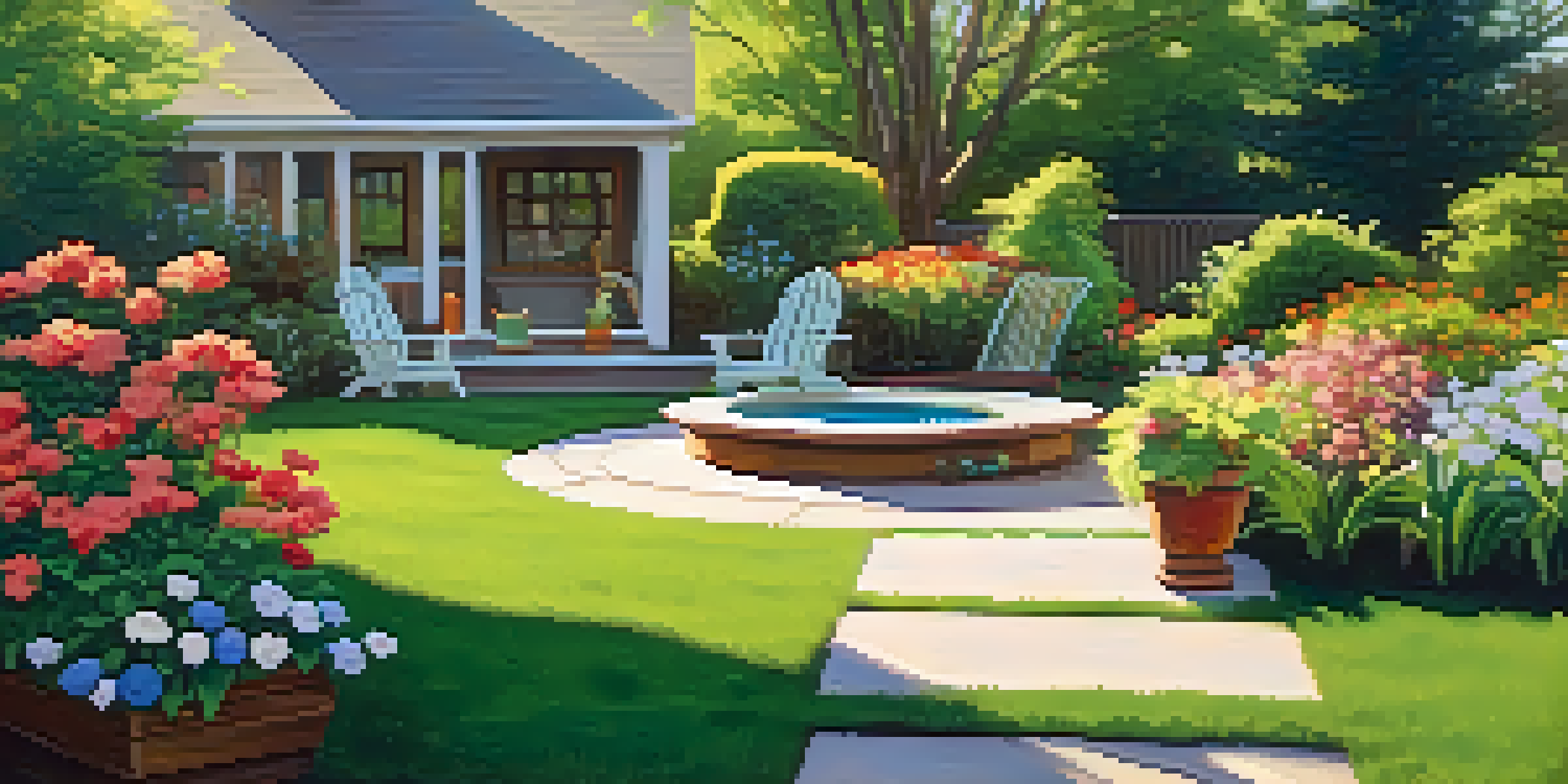 A peaceful backyard with a green lawn, blooming flowers, a wooden deck, and a birdbath, all illuminated by the warm afternoon sunlight.