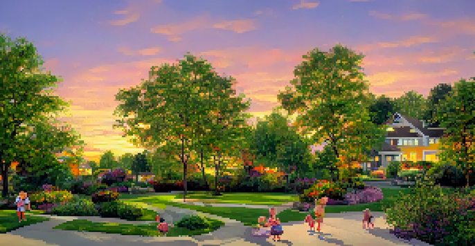 A peaceful suburban neighborhood at sunset with spacious homes, manicured lawns, and children playing.